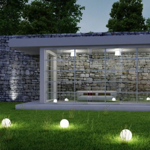 17008788 - garden architecture by night with glowing spheres in gras
